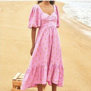 New Farm Rio Embroidered Pineapples Sweatheart neck Puff Sleeve Midi maxi dress